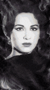 a black and white painting of a woman 's face with smoke coming out of her hair