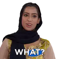a woman wearing a black scarf and a gold top is asking what