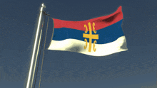 a red white and blue flag with a cross and the number 316 on it