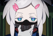 a cartoon character with white hair and blue eyes has a mask on her face
