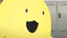 a close up of a yellow cartoon character with a surprised look on its face