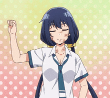 a girl with blue hair wearing a white shirt and blue tie