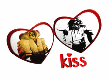 two hearts with a picture of a man and the word kiss on the bottom