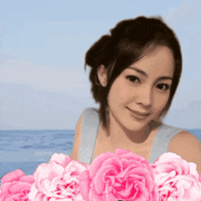 a woman with pink roses in front of her