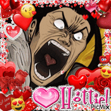 a picture of a man screaming with hearts around him and the words i love you on the bottom