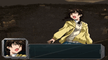 a girl in a yellow jacket is screaming in a video game