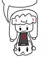 a black and white drawing of a cartoon character with a speech bubble above her head