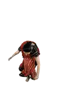 a woman in a red and black dress is dancing in front of a white background