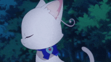 a white cat with a blue scarf around its neck has a heart on it