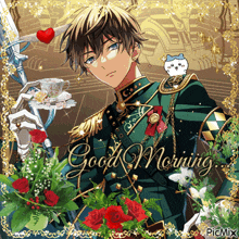 a picture of a man holding a cup of tea with the words good morning written on it