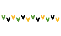 a row of green yellow and black hearts are lined up on a white background
