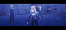 three anime characters are standing in front of a wall with graffiti on it .