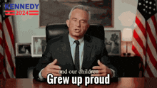 a man in a suit and tie says " and our children grew up proud " in front of american flags