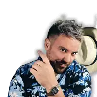 a man wearing a floral shirt and a watch points to his left