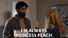 a man with a beard says i 'm always princess peach next to a woman