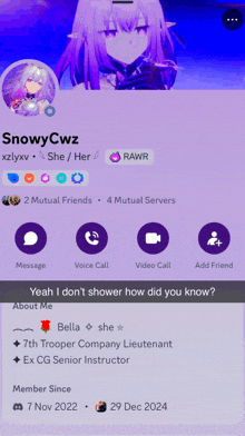 a screenshot of a person 's profile with the name snowycwz on it