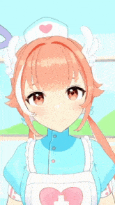 a girl with pink hair is wearing a nurse 's hat with a heart on it