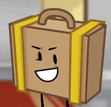 a cartoon drawing of a suitcase with a yellow handle and a smiling face