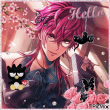 a picture of a man with pink hair and a butterfly in his hair with the word hello written on it