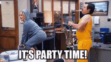 a man playing a saxophone next to a woman with the words " it 's party time "