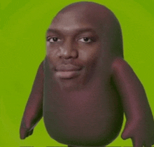 a close up of a man 's face with a purple body and arms on a green background .