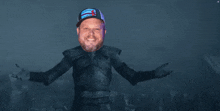 a man with a beard and a hat is wearing a knight 's armor and has his arms outstretched