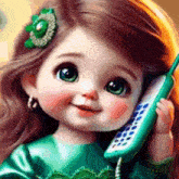 a little girl is talking on a cell phone