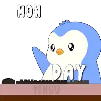 a penguin is playing a keyboard with the word monday written on it