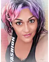 a woman with purple hair is wearing a fashion tank top