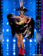 a woman in a feathered costume is dancing on a stage with the tumblr logo in the bottom right corner