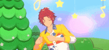 a cartoon character with red hair is standing in front of a christmas tree in a field .