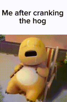 a stuffed animal is sitting in a chair with its mouth open and the words me after cranking the hog