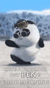a panda bear wearing sunglasses , a hat and a chain is dancing .