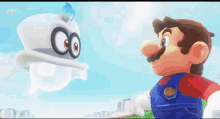 a video game character is flying through the air with a hat and a crown