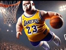 a cartoon basketball player for the lakers is flying through the air