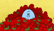 a blue cartoon character is surrounded by red apples