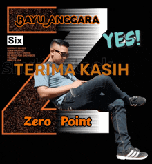 a man is sitting in front of a sign that says bayu anggara