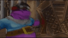 a cartoon character is standing next to a cat on a purple background .
