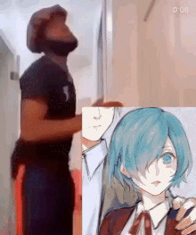 a man with a beard is standing next to a girl with blue hair and the time is 0:06