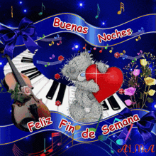 a teddy bear is holding a red heart in front of a piano