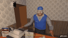 a man in a blue vest is standing in front of a box of petsamo