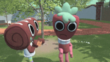 a cartoon character with a strawberry head and a chocolate roll head