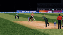 a cricket game is being played on a field with a banner for the world cricket championship 3