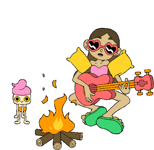 Girl Plays Guitar And Ice Cream Cone Dances Around Bonfire Sticker - Mariby The Sea Campfire Red Guitar Stickers