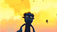 a cartoon character with big eyes is standing in front of a yellow background .