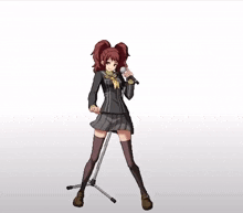 a girl in a school uniform is singing into a microphone on a stand