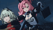 two anime girls one with pink hair and the other with green hair are standing next to each other