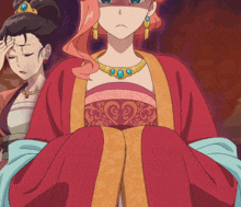 a cartoon drawing of a woman in a red and gold dress