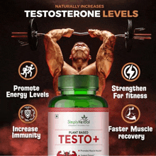a man is lifting a barbell with a bottle of testo + in the foreground