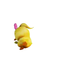 a yellow chick with a pink bow on its head is dancing